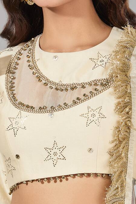 Payal Singhal_Beige Mirrors, Pearls, Gota Patti, Zari Round Floral Embroidered Lehenga Set _Online_at_Aza_Fashions