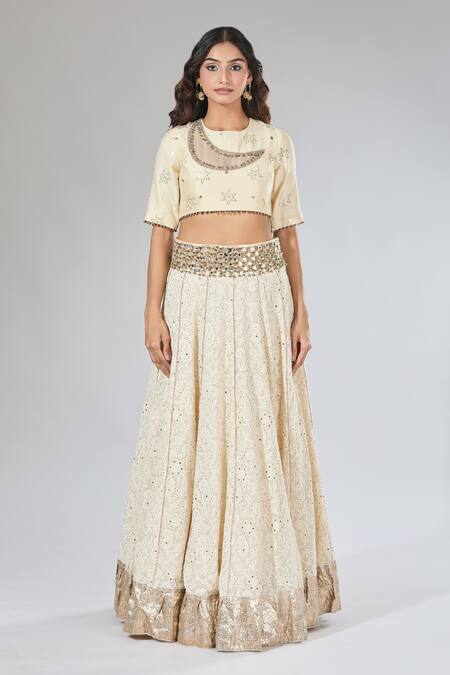 Buy_Payal Singhal_Beige Mirrors, Pearls, Gota Patti, Zari Round Floral Embroidered Lehenga Set _Online_at_Aza_Fashions