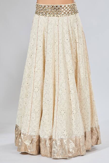 Shop_Payal Singhal_Beige Mirrors, Pearls, Gota Patti, Zari Round Floral Embroidered Lehenga Set _Online_at_Aza_Fashions
