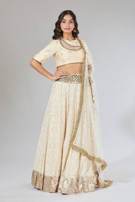 Payal Singhal_Beige Mirrors, Pearls, Gota Patti, Zari Round Floral Embroidered Lehenga Set _at_Aza_Fashions