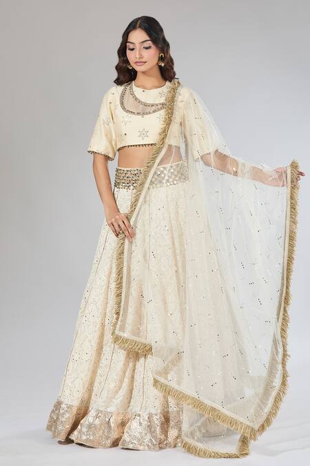 Buy_Payal Singhal_Beige Mirrors, Pearls, Gota Patti, Zari Round Floral Embroidered Lehenga Set 
