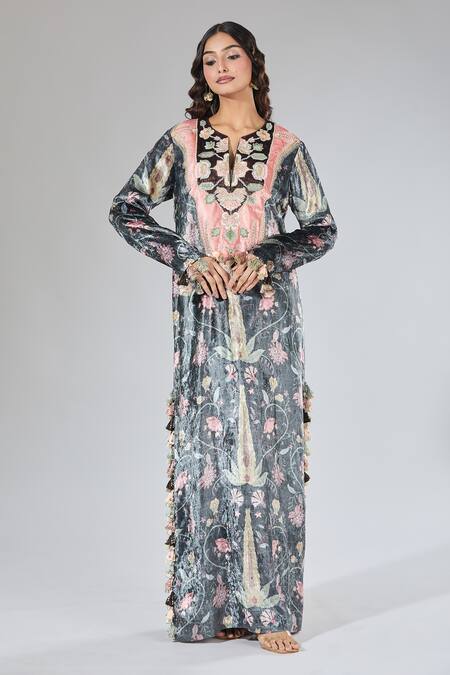 Buy_Payal Singhal_Multi Color Sequins, Tassels V-neck Embroidered Floral Vine Pattern Kaftan _Online_at_Aza_Fashions