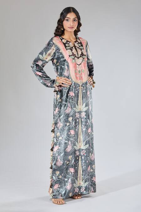 Shop_Payal Singhal_Multi Color Sequins, Tassels V-neck Embroidered Floral Vine Pattern Kaftan _Online_at_Aza_Fashions