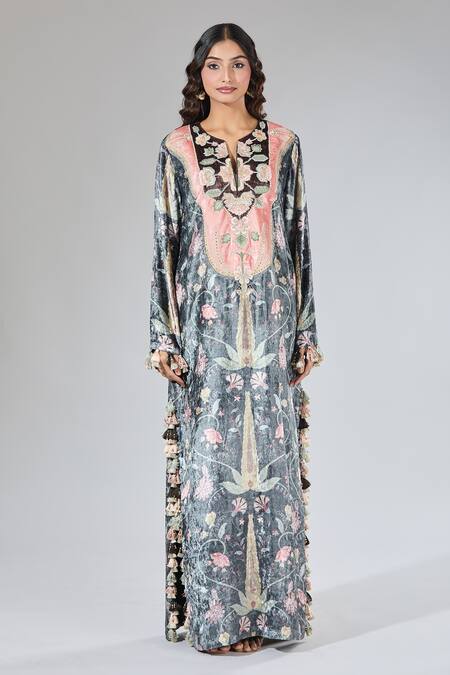 Payal Singhal_Multi Color Sequins, Tassels V-neck Embroidered Floral Vine Pattern Kaftan _at_Aza_Fashions