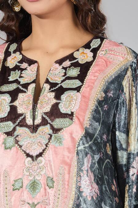 Buy_Payal Singhal_Multi Color Sequins, Tassels V-neck Embroidered Floral Vine Pattern Kaftan 