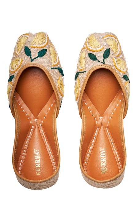 Shop_Kurrbat_Multi Color Embroidered Lemon Motif Juttis _at_Aza_Fashions