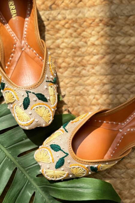Buy_Kurrbat_Multi Color Embroidered Lemon Motif Juttis _Online_at_Aza_Fashions