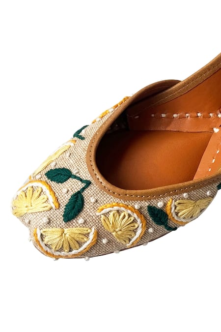 Shop_Kurrbat_Multi Color Embroidered Lemon Motif Juttis _Online_at_Aza_Fashions