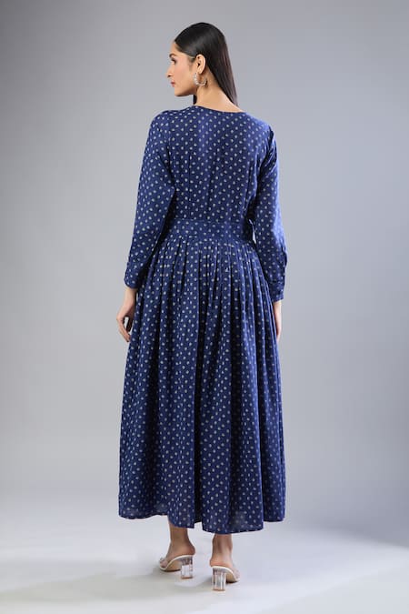 Shop_Samyukta Singhania_Blue Embroidery V-neck Butti Flex Cotton Midi Dress _at_Aza_Fashions