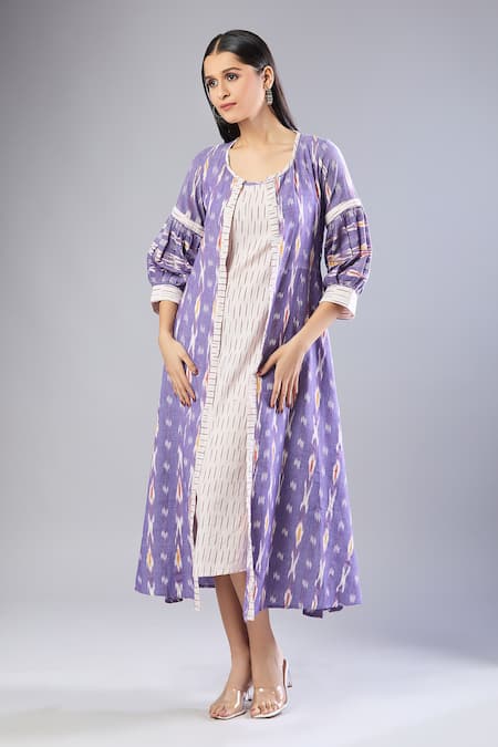 Naintara Bajaj Purple Handloom Cotton Round Neck Ikat Midi Dress And Jacket Set Online at Aza Fashions Naintara Bajaj_Purple Handloom Cotton Round Neck Ikat Midi Dress And Jacket Set _Online_at_Aza_Fashions