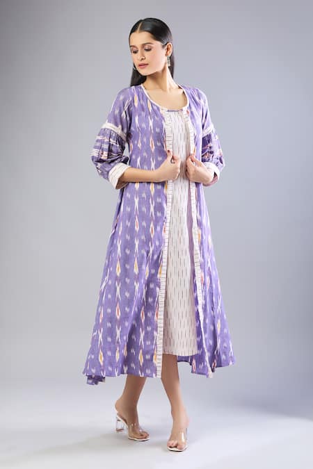 Buy Naintara Bajaj Purple Handloom Cotton Round Neck Ikat Midi Dress And Jacket Set Online at Aza Fashions Buy_Naintara Bajaj_Purple Handloom Cotton Round Neck Ikat Midi Dress And Jacket Set _Online_at_Aza_Fashions