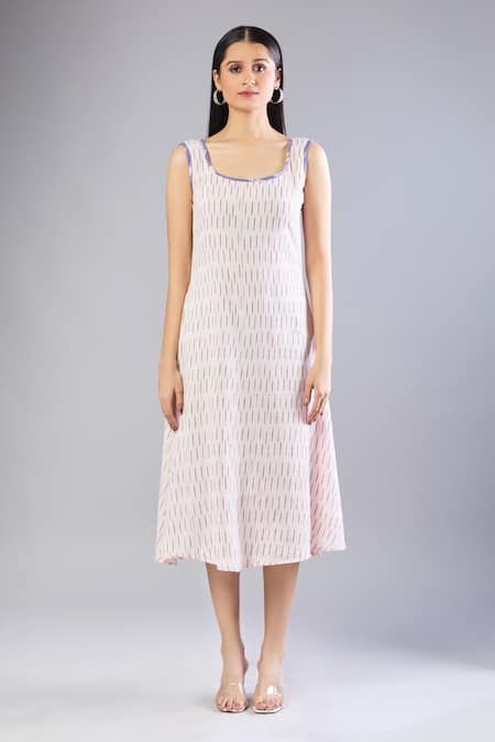 Shop Naintara Bajaj Purple Handloom Cotton Round Neck Ikat Midi Dress And Jacket Set Online at Aza Fashions Shop_Naintara Bajaj_Purple Handloom Cotton Round Neck Ikat Midi Dress And Jacket Set _Online_at_Aza_Fashions