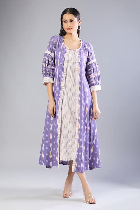 Naintara Bajaj Purple Handloom Cotton Round Neck Ikat Midi Dress And Jacket Set at Aza Fashions Naintara Bajaj_Purple Handloom Cotton Round Neck Ikat Midi Dress And Jacket Set _at_Aza_Fashions