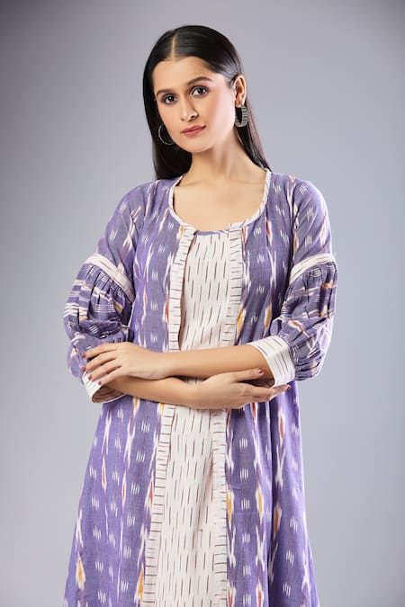 Buy Naintara Bajaj Purple Handloom Cotton Round Neck Ikat Midi Dress And Jacket Set Buy_Naintara Bajaj_Purple Handloom Cotton Round Neck Ikat Midi Dress And Jacket Set