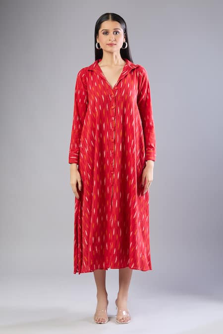 Buy_Naintara Bajaj_Red Collared Ikat Handloom Shirt Dress _Online_at_Aza_Fashions