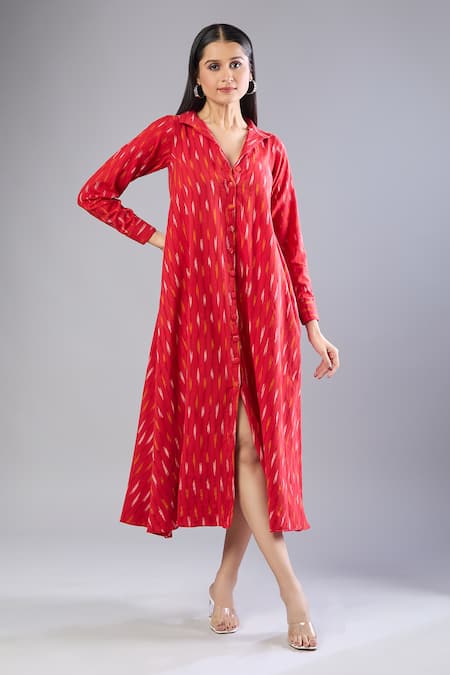 Shop_Naintara Bajaj_Red Collared Ikat Handloom Shirt Dress _Online_at_Aza_Fashions