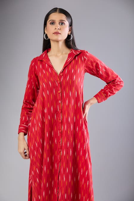 Buy_Naintara Bajaj_Red Collared Ikat Handloom Shirt Dress 