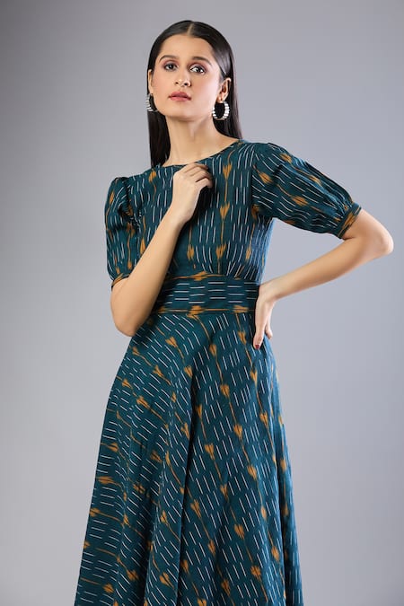 Buy_Naintara Bajaj_Green Round Neck Bottal Ikat Handloom Midi Dress _Online_at_Aza_Fashions