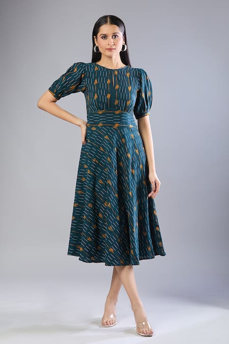 Shop_Naintara Bajaj_Green Round Neck Bottal Ikat Handloom Midi Dress _Online_at_Aza_Fashions
