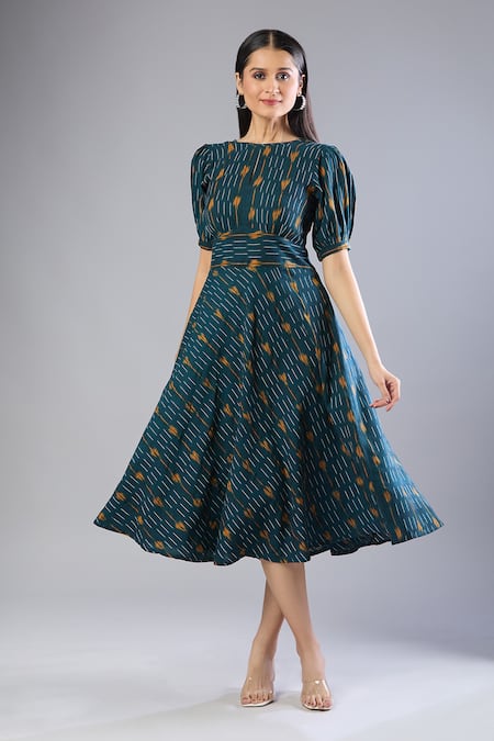 Naintara Bajaj_Green Round Neck Bottal Ikat Handloom Midi Dress _at_Aza_Fashions