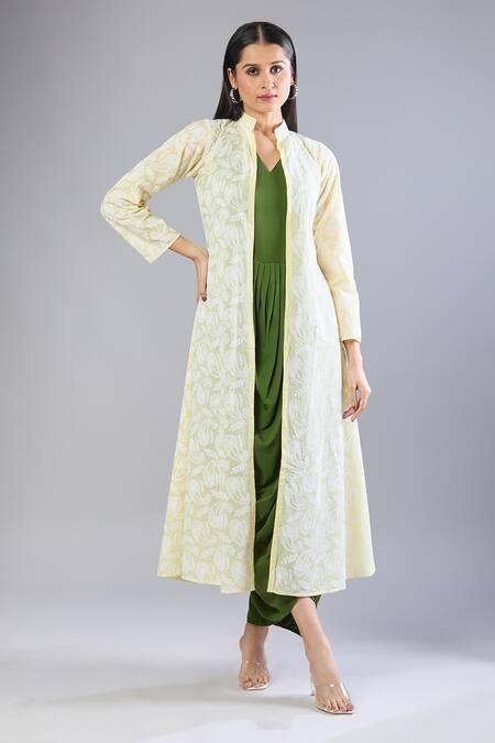 Naintara Bajaj Yellow Rayon Embroidery Round Neck, Green Cowl Dress With Chikankari Jacket Online at Aza Fashions Naintara Bajaj_Yellow Rayon Embroidery Round Neck, Green Cowl Dress With Chikankari Jacket _Online_at_Aza_Fashions