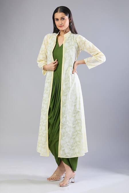 Buy Naintara Bajaj Yellow Rayon Embroidery Round Neck, Green Cowl Dress With Chikankari Jacket Online at Aza Fashions Buy_Naintara Bajaj_Yellow Rayon Embroidery Round Neck, Green Cowl Dress With Chikankari Jacket _Online_at_Aza_Fashions