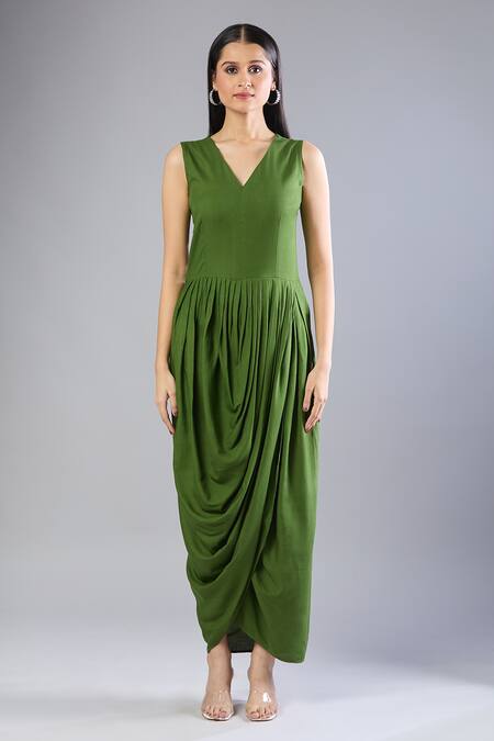 Shop Naintara Bajaj Yellow Rayon Embroidery Round Neck, Green Cowl Dress With Chikankari Jacket Online at Aza Fashions Shop_Naintara Bajaj_Yellow Rayon Embroidery Round Neck, Green Cowl Dress With Chikankari Jacket _Online_at_Aza_Fashions