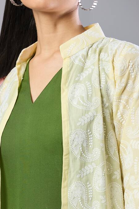 Naintara Bajaj Yellow Rayon Embroidery Round Neck, Green Cowl Dress With Chikankari Jacket at Aza Fashions Naintara Bajaj_Yellow Rayon Embroidery Round Neck, Green Cowl Dress With Chikankari Jacket _at_Aza_Fashions