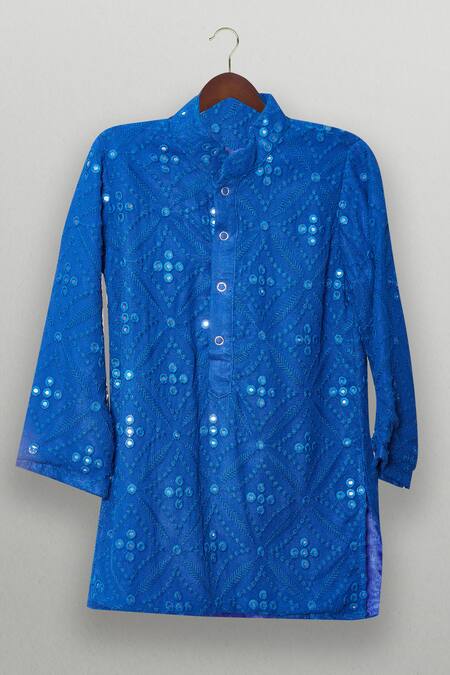 Tiny Pants_Blue Georgette, Cotton Mirrors Royal Work Kurta Pajama Set _Online_at_Aza_Fashions
