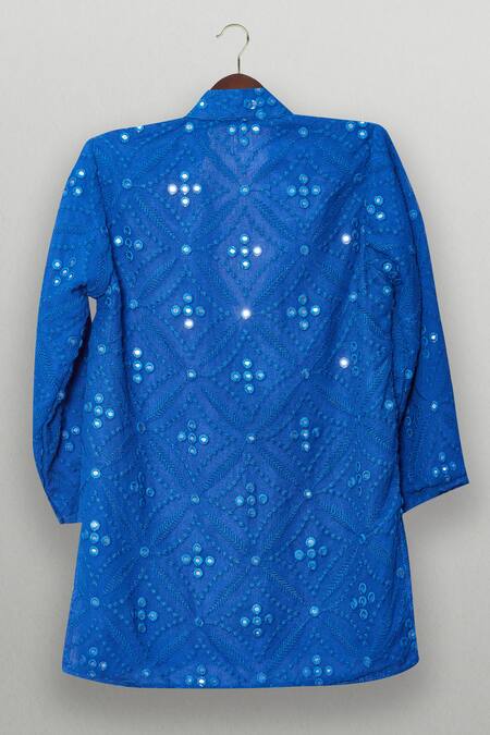 Shop_Tiny Pants_Blue Georgette, Cotton Mirrors Royal Work Kurta Pajama Set _Online_at_Aza_Fashions
