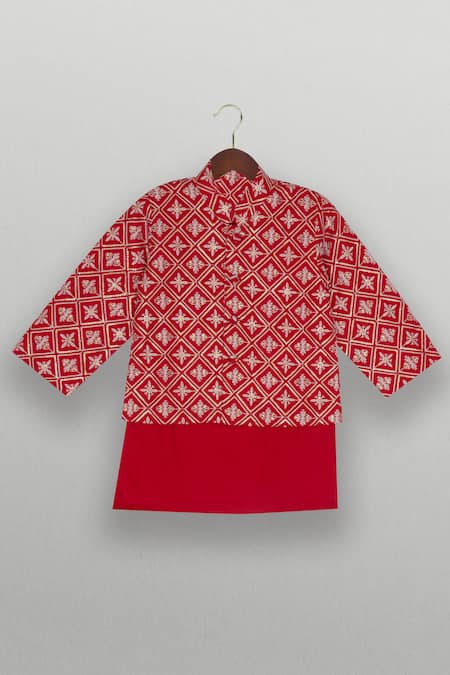Tiny Pants Red Embroidered Jacket Kurta Set 