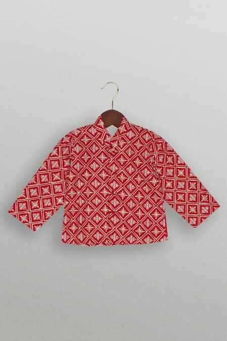 Shop_Tiny Pants_Red Georgette, Cotton Embroidery Jacket Kurta Set _Online_at_Aza_Fashions