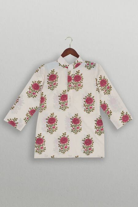 Tiny Pants_White Cotton Embroidery Rose Block Print Kurta Jacket Set _Online_at_Aza_Fashions