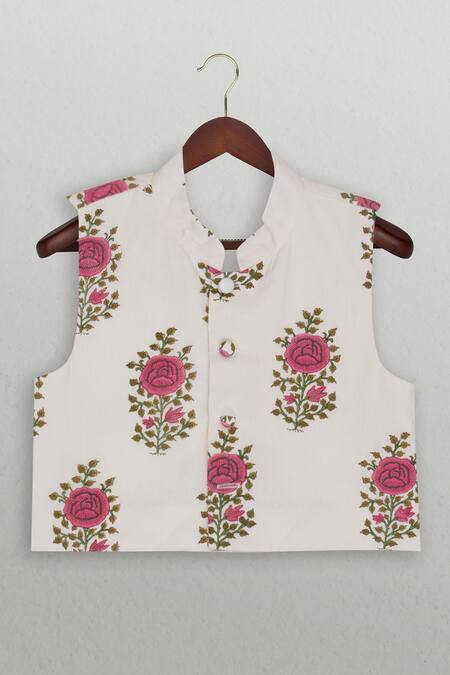 Buy_Tiny Pants_White Cotton Embroidery Rose Block Print Kurta Jacket Set _Online_at_Aza_Fashions