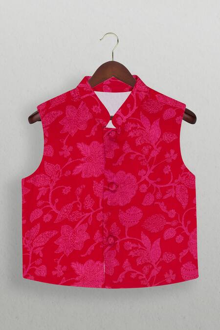 Buy_Tiny Pants_Red Cotton Printed Jacket Kurta Set _Online_at_Aza_Fashions