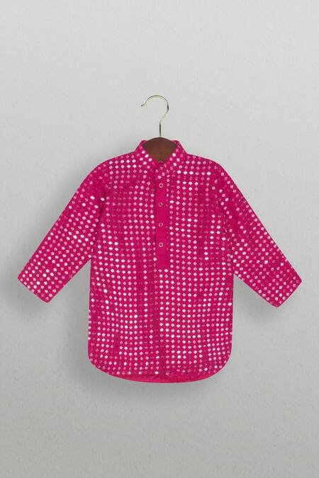 Buy_Tiny Pants_Pink Georgette, Cotton Mirrors Work Kurta Pajama Set _Online_at_Aza_Fashions