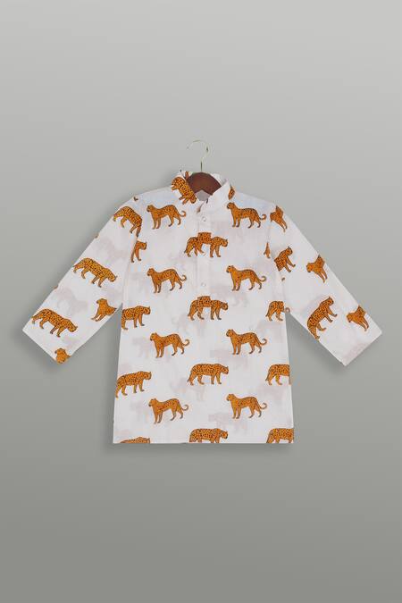 Buy_Tiny Pants_White Cotton Leopard Block Print Kurta Jacket Set _Online_at_Aza_Fashions