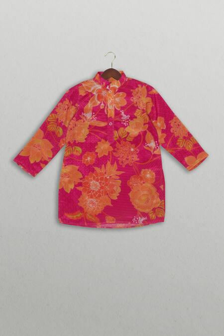 Buy_Tiny Pants_Pink Chinnon Printed Kurta Pajama Set _Online_at_Aza_Fashions