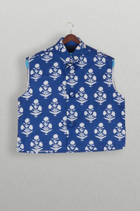 Buy_Tiny Pants_Blue Cotton Block Print Kurta Jacket Set _Online_at_Aza_Fashions