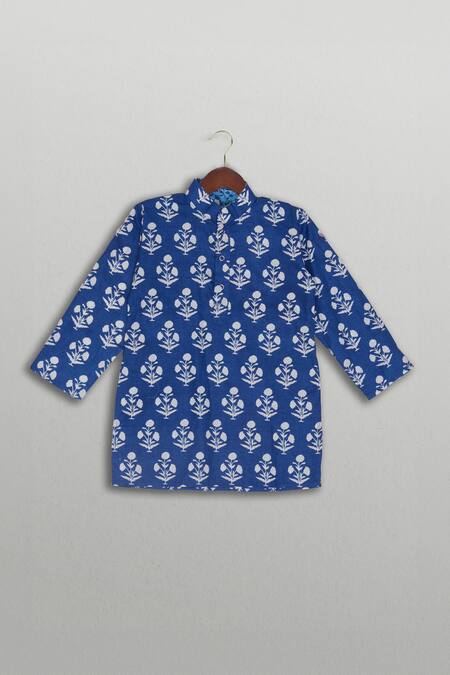 Shop_Tiny Pants_Blue Cotton Block Print Kurta Jacket Set _Online_at_Aza_Fashions
