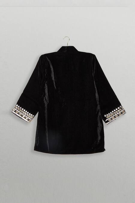 Tiny Pants_Black Velvet Embroidery Designer Kurta Pajama Set _Online_at_Aza_Fashions
