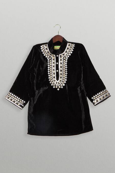 Buy_Tiny Pants_Black Velvet Embroidery Designer Kurta Pajama Set _Online_at_Aza_Fashions