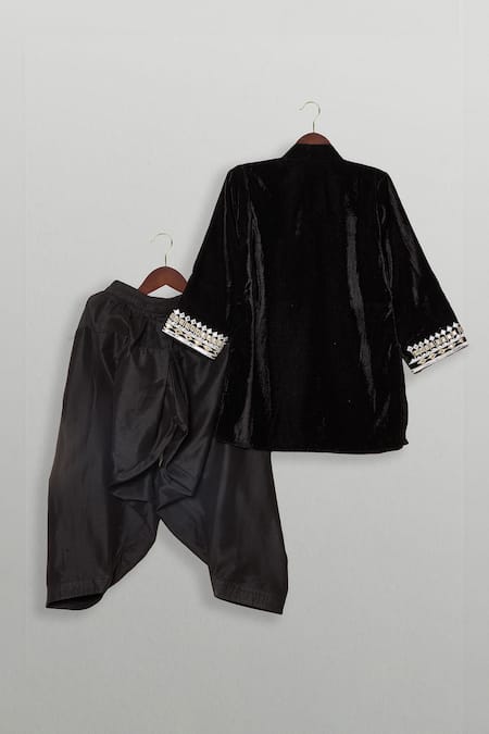 Tiny Pants Designer Black Velvet Kurta Pajama Set 