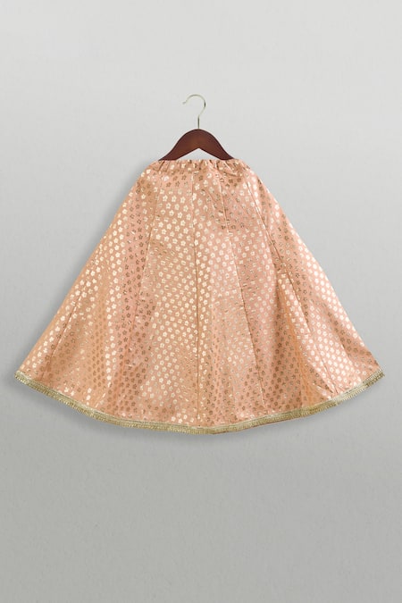 Tiny Pants_Peach Chanderi, Cotton Foil Printing Lehenga Set With One Shoulder Top _Online_at_Aza_Fashions