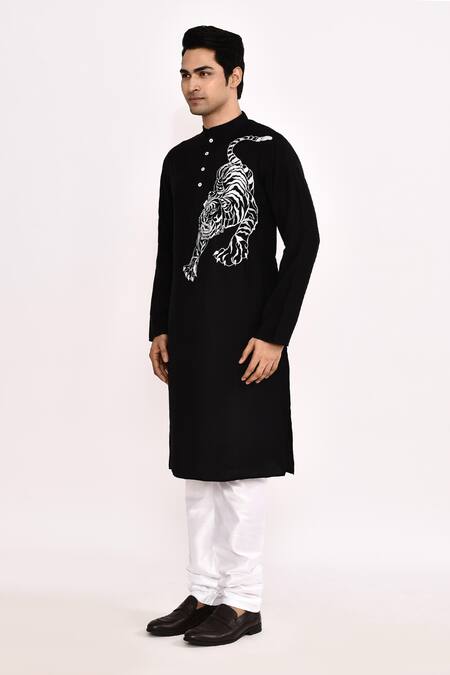 Arihant Rai Sinha_Black Cotton Embroidery Tiger Print Long Kurta _Online_at_Aza_Fashions