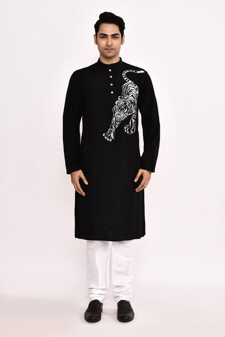 Buy_Arihant Rai Sinha_Black Cotton Embroidery Tiger Print Long Kurta _Online_at_Aza_Fashions