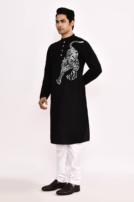 Shop_Arihant Rai Sinha_Black Cotton Embroidery Tiger Print Long Kurta _Online_at_Aza_Fashions
