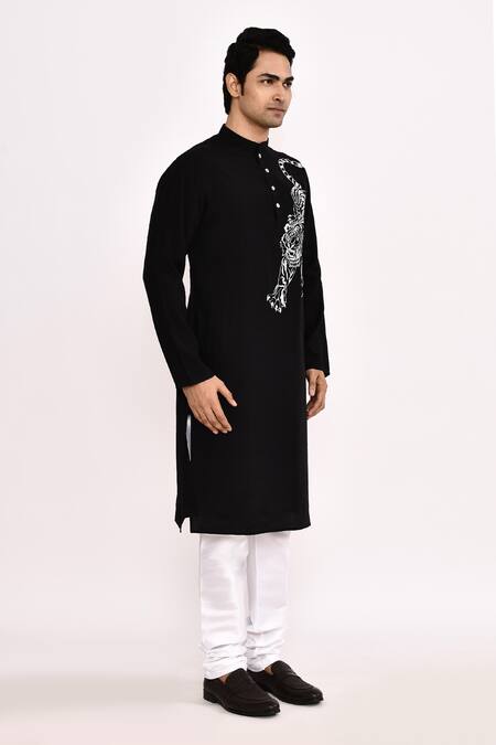 Arihant Rai Sinha_Black Cotton Embroidery Tiger Print Long Kurta _at_Aza_Fashions