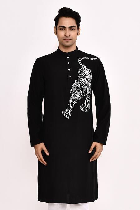 Buy Arihant Rai Sinha Black Cotton Embroidery Tiger Print Long Kurta Buy_Arihant Rai Sinha_Black Cotton Embroidery Tiger Print Long Kurta