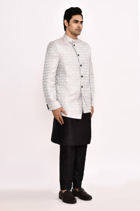 Buy_Arihant Rai Sinha_White Silk Embroidery Mughal Motif Bandhgala _Online_at_Aza_Fashions